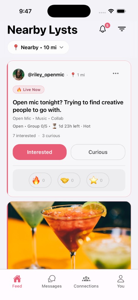 Lystd app: Nearby Lysts feed with a Live Now open mic Lyst card and reaction row