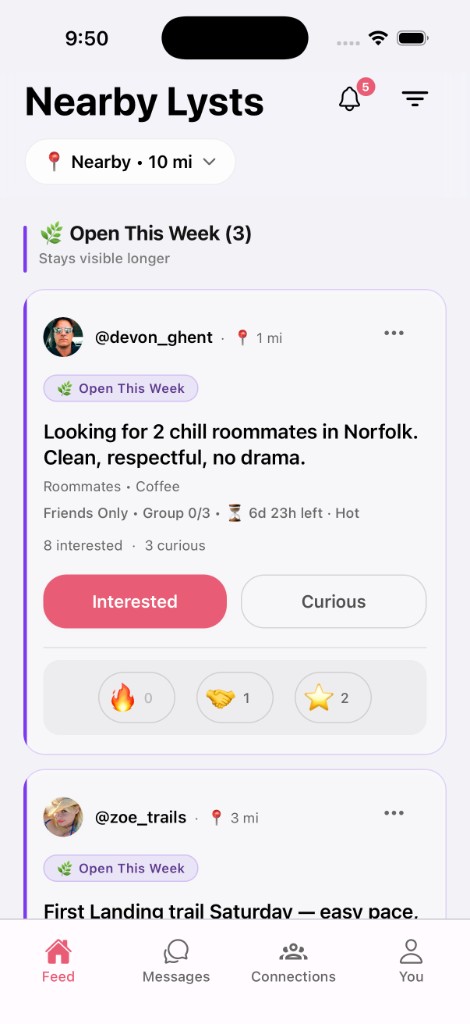 Lystd app: Nearby Lysts with Open This week section showing a Standing roommate Lyst card